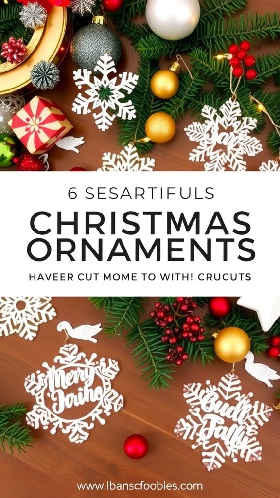 Colorful DIY Christmas ornaments made with Cricut, featuring unique designs and displayed with holiday decor.